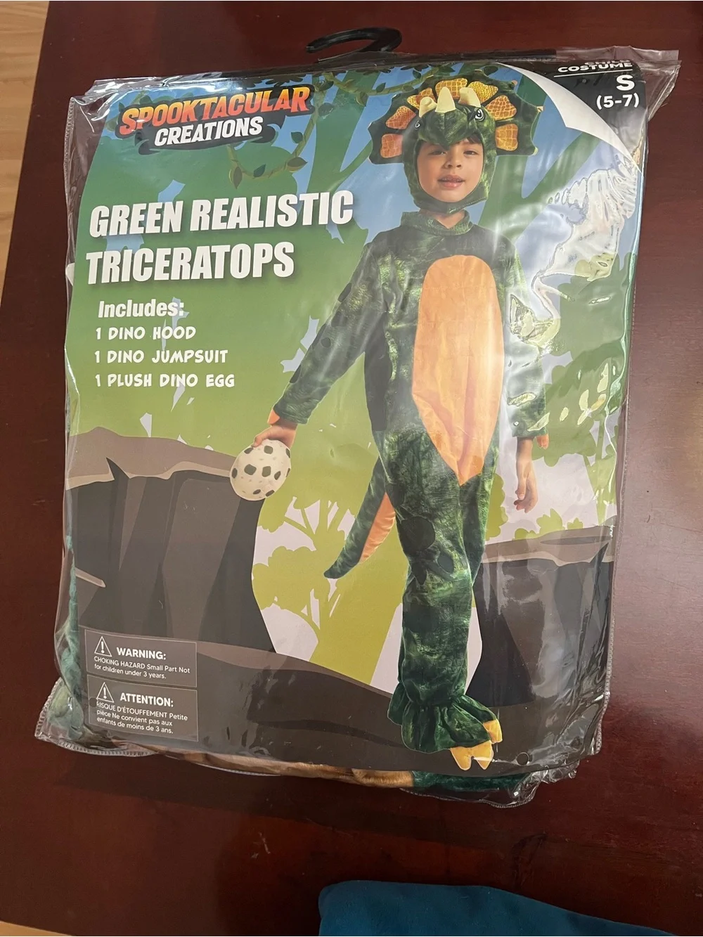 Triceratops Kids Costume - Green & Orange Jumpsuit with Dino Hood (Size S 5-7)